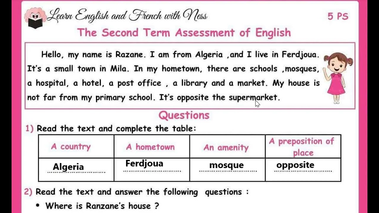 اختبار الفصل الثاني في اللغة الانجليزية سنة خامسة ابتدائي
