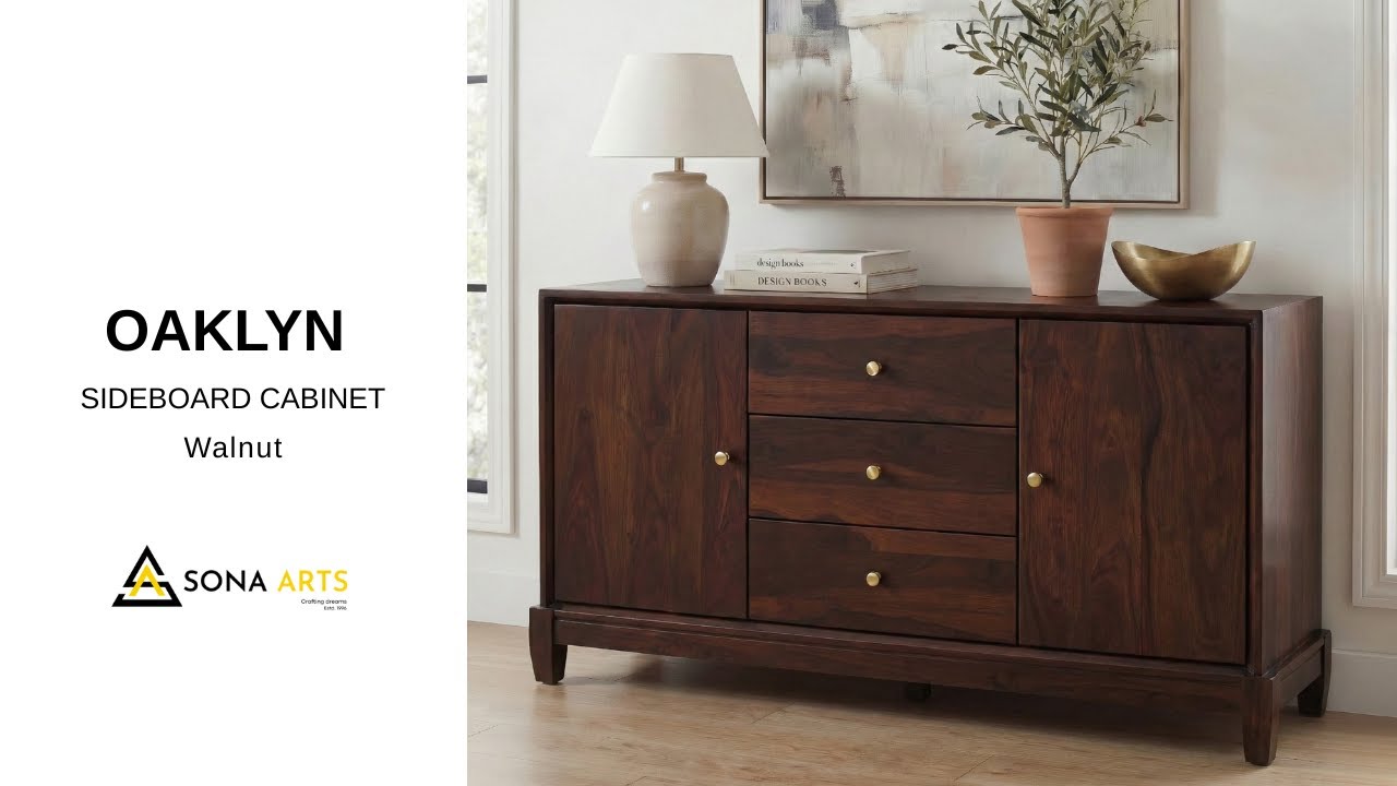 Oaklyn Solid Wood Sideboard Cabinet | Sheesham Wood Storage Unit in Walnut Finish | Sona Arts