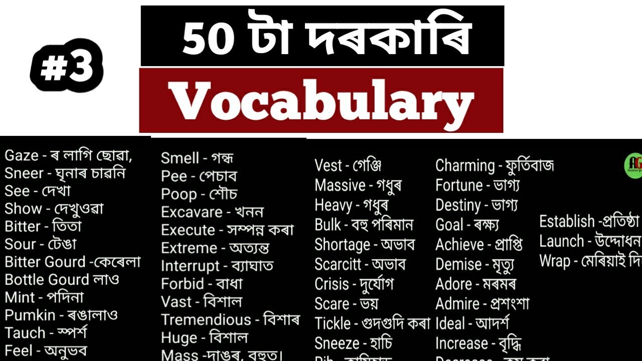 Vocabulary In Assamese। Part 3। Most Imprtant Vocabulary For English। Vocabulary Words For Learners