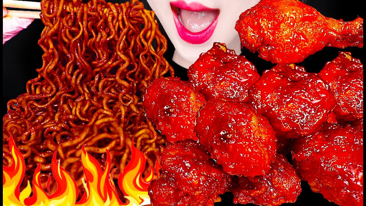 ASMR BLACK BEAN FIRE NOODLES, FRIED CHICKEN 양념치킨, 짜장 불닭볶음면 먹방 MUKBANG