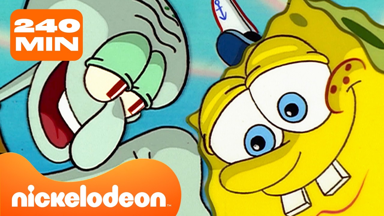 Bob Esponja | Os MELHORES momentos de Bob Esponja e Lula Molusco 🧽🦑 | 4 Horas | Nickelodeon