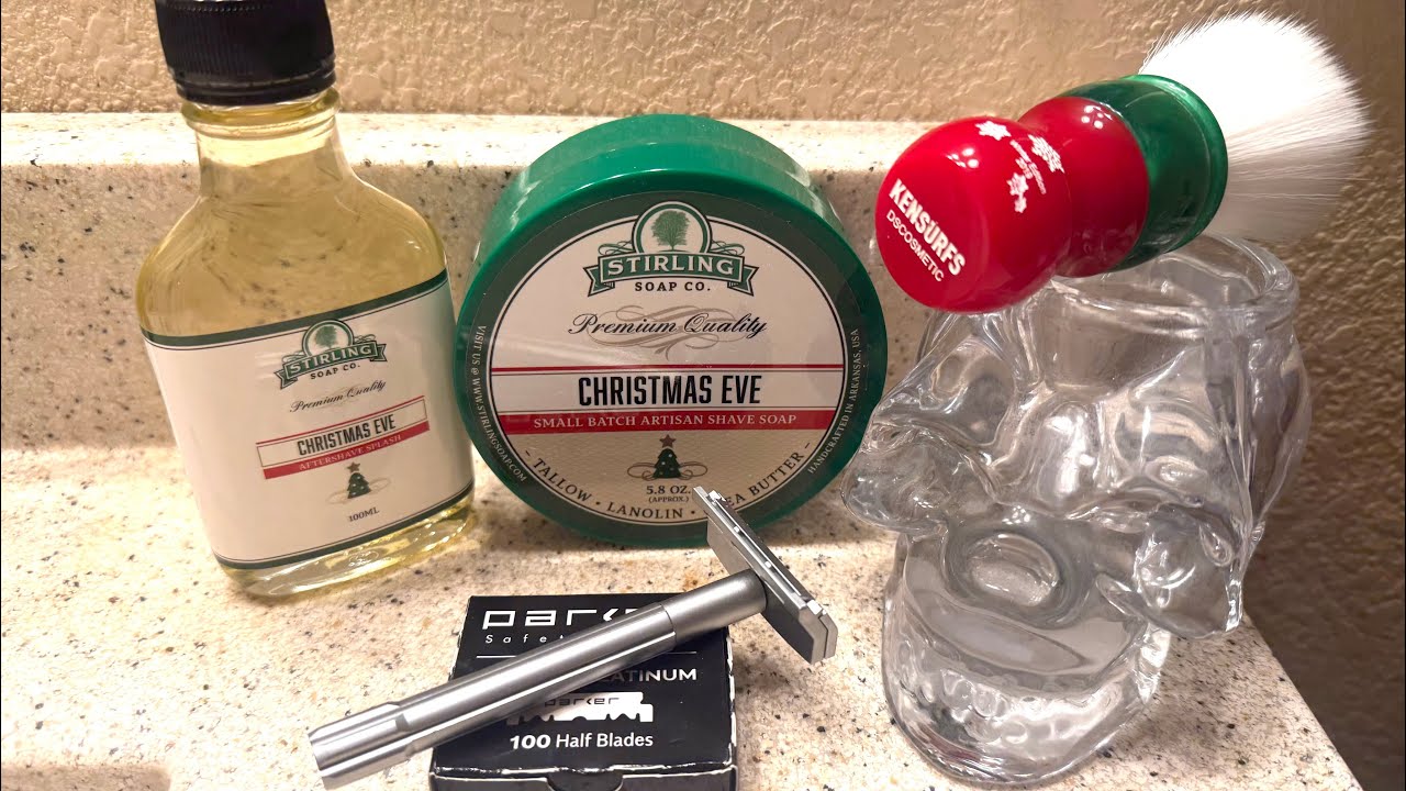 Parker Solo Edge Two-Piece Razor, Stirling Christmas Eve Soap & Aftershave, & KENSURFS 2019 Brush.