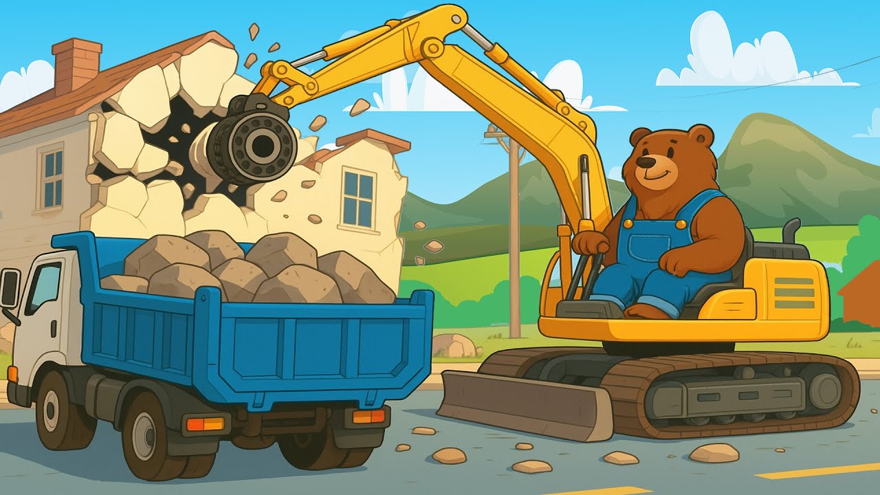 Farmer Bear Dismantles House - Truck, Wrecking crane | Farm Vehicles Animation