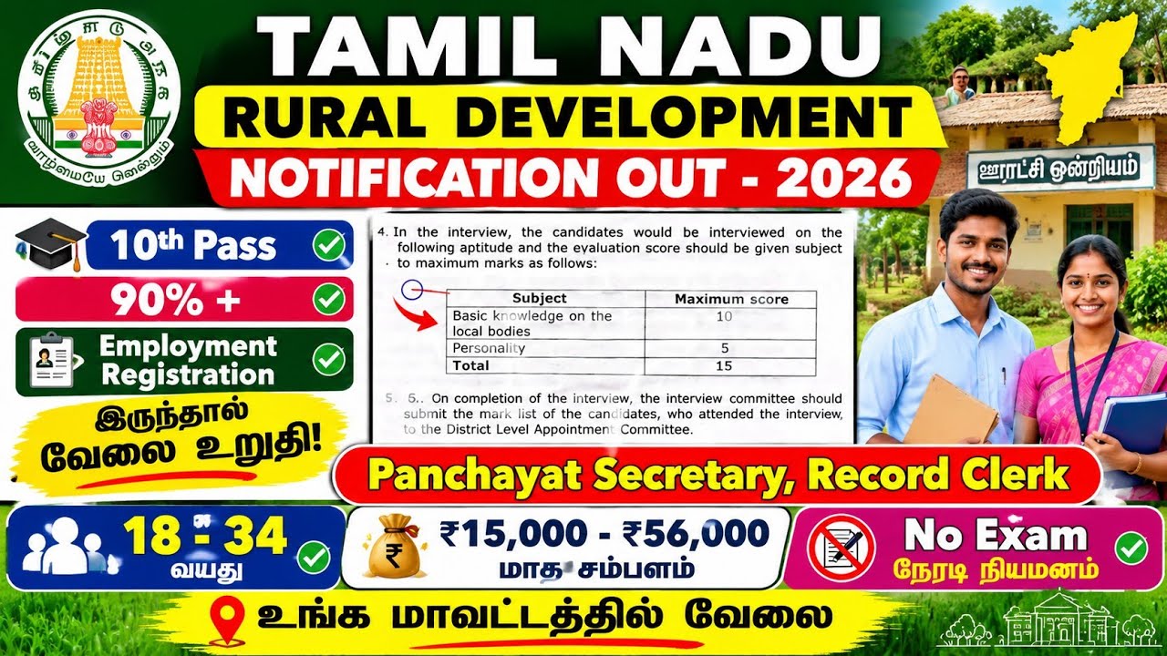 🔥Tamil Nadu Rural Development Recruitment 2026 | Panchayat Secretary & Record Clerk | 10th Pass