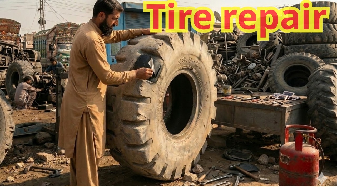 Repairing a massive car tire: By a mechanic from Iran's neighborhood.