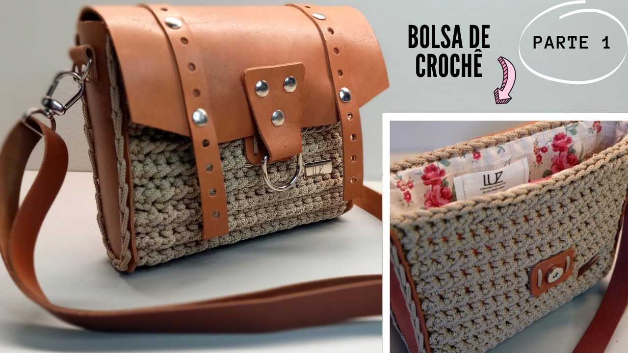 BOLSA DE CROCHÊ feita com fio de poliéster e acessórios de couro - PARTE 1