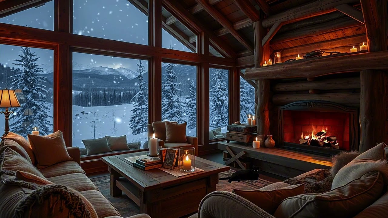 Cozy Snowy Night Cabin | Quiet Fireplace & Soft Jazz