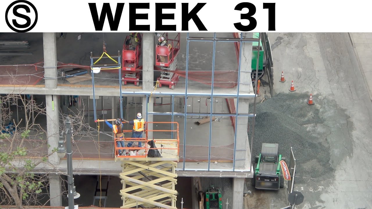 One-week construction time-lapse w/closeups: Week 31 of the Ⓢ-series: curtain wall, endless gravel