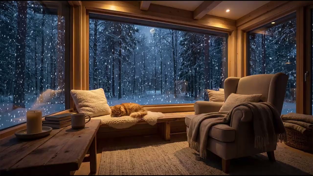 ❄️ Snowy Forest Cabin Ambience | Sleeping Cat, Candle & Winter Night 🕯️