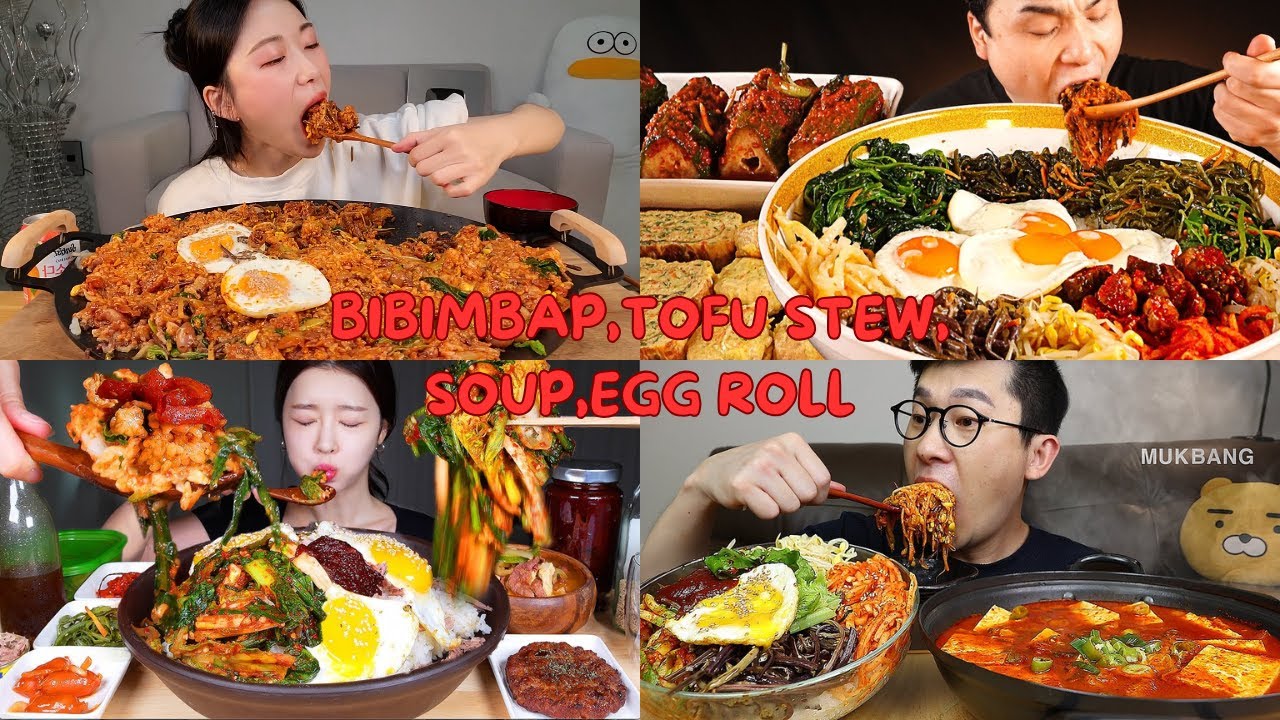 MUKBANG BIBIMBAP + TOFU STEW, Cucumber Soup Egg Roll 🍚🍛🍲 | Fried ASMR