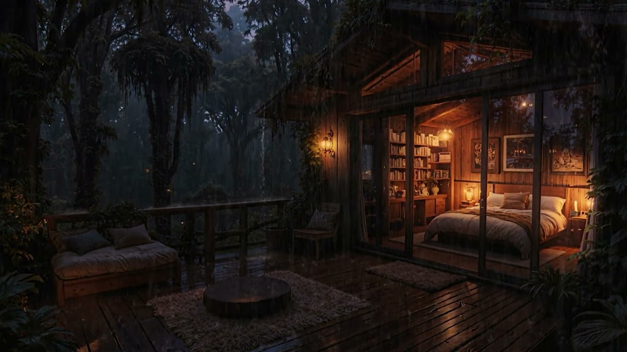 Rain Falling Gently Around a Cabin in the Forest 🌧 | Soothing Night Sounds for Deep Rest