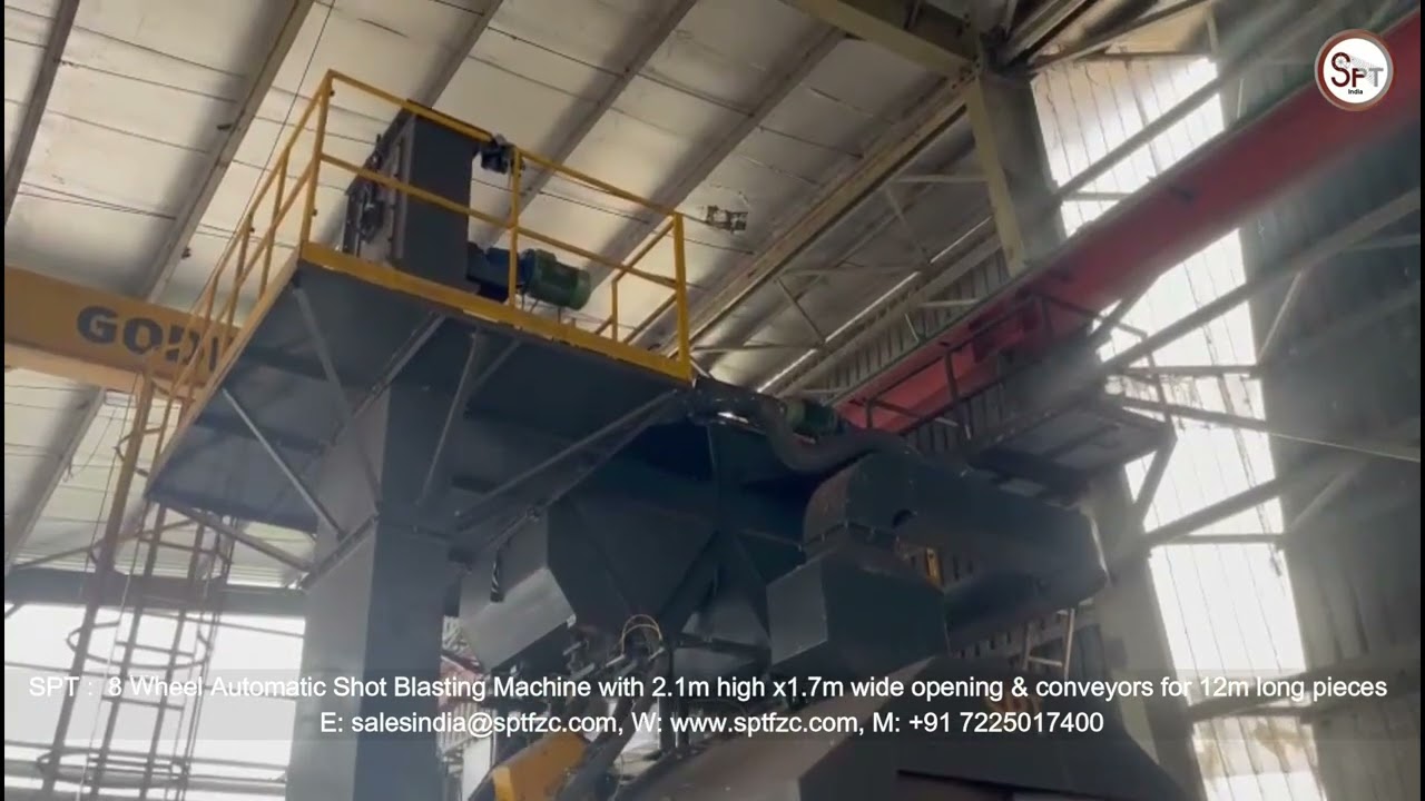 8 Wheel Automatic Shot Blasting Machine with 2.1m high x1.7m wide opening & conveyors for 12m long.