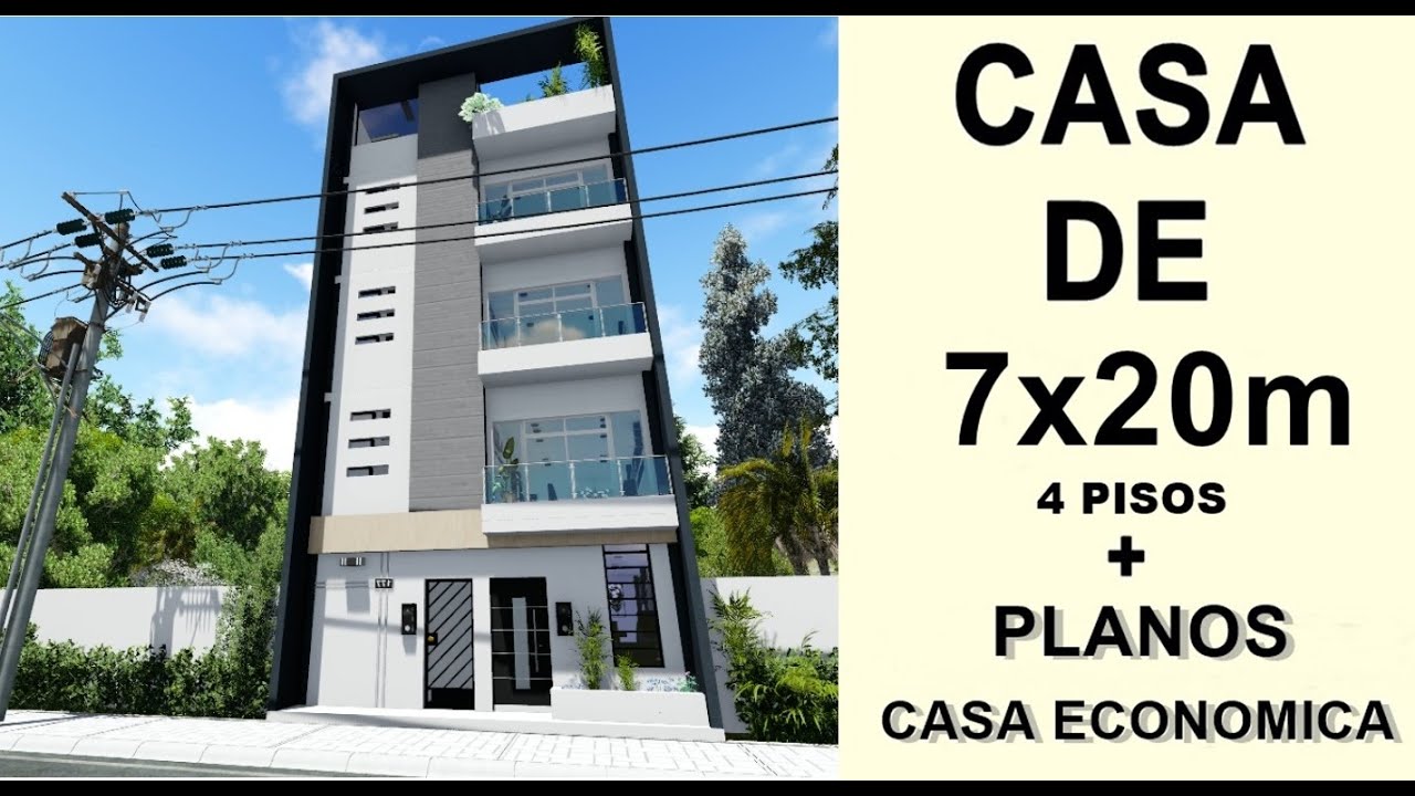 CASA en TERRENO de 7x20 Metros - CASA de 4 Pisos + planos DWG