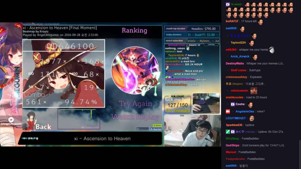 AngeLMegumin playing various hard maps w/ DT+ RL. Liveplay + Twitch Chat.