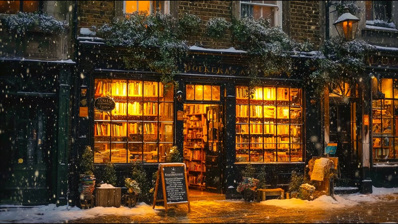 Snowy Bookstore Ambience & Relaxing Jazz 📚 Warm Lights & Snow Falling for Reading