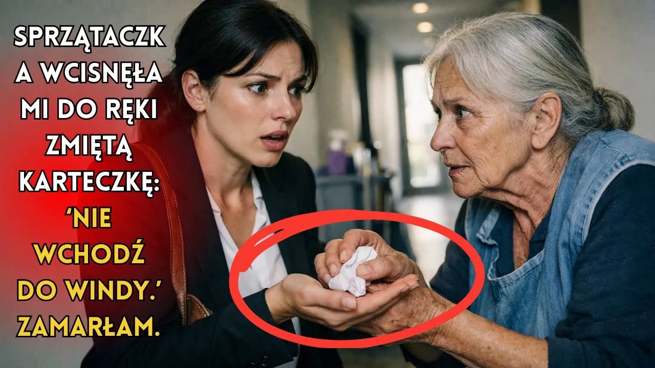 Sprzątaczka wcisnęła mi do ręki zmiętą karteczkę: ‘Nie wchodź do windy.’ Zamarłam.