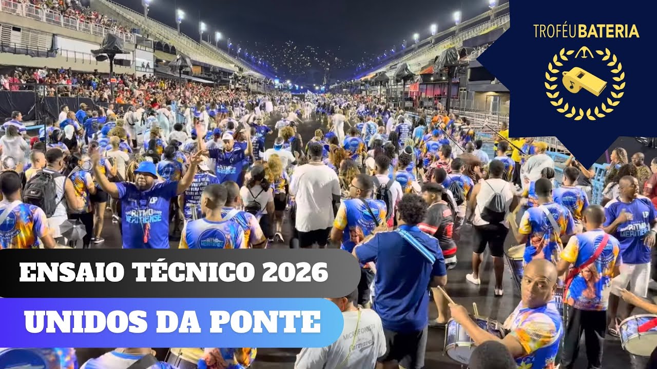 Bateria da Unidos da Ponte no ensaio técnico para o carnaval 2026