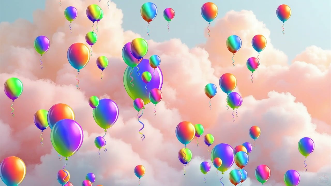 Balloons Background Video, Rainbow Color Flying Balloons Flying in the Sky, Sensory Video