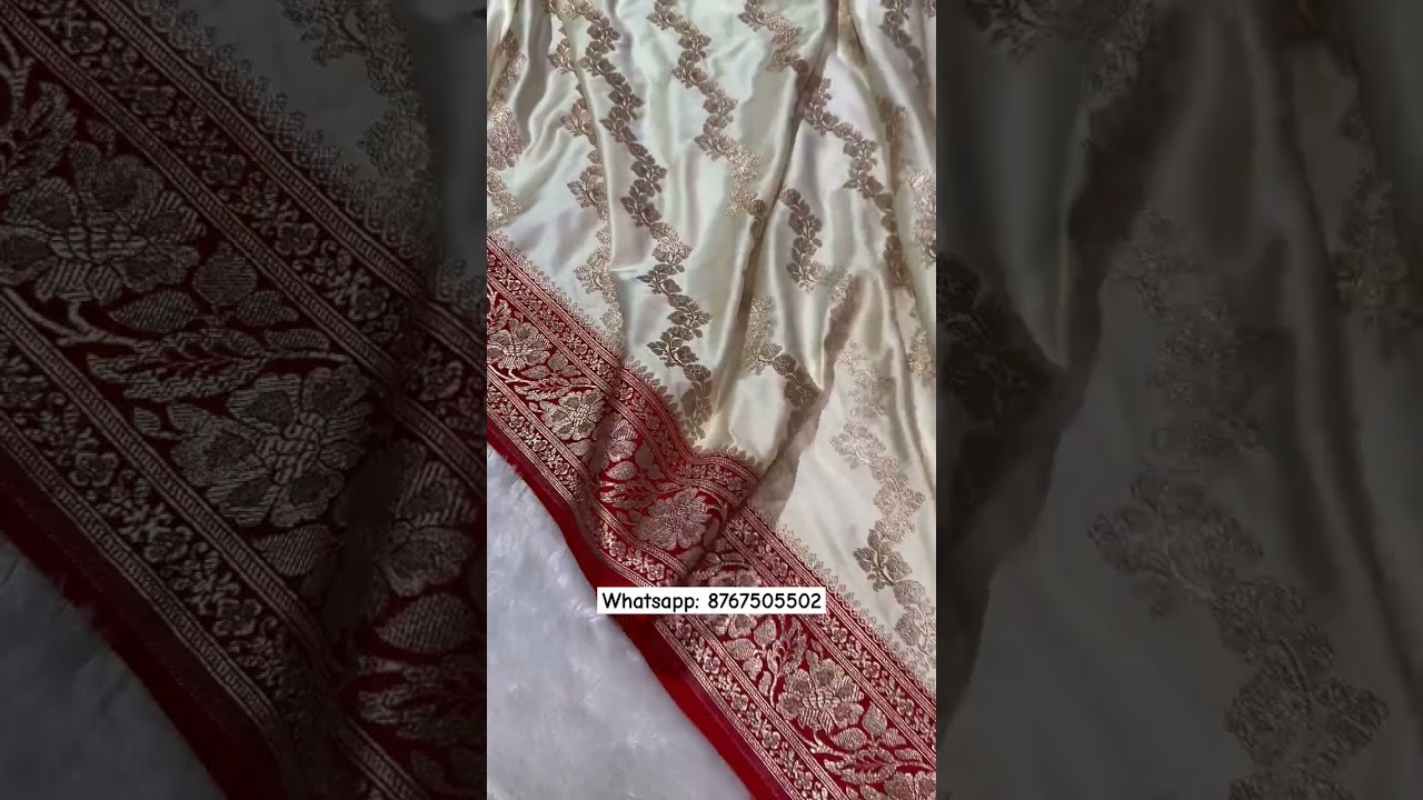 🤍 Elegant Banarasi mashru silk saree in white, featuring a contrasting red border and pallu. 🤩