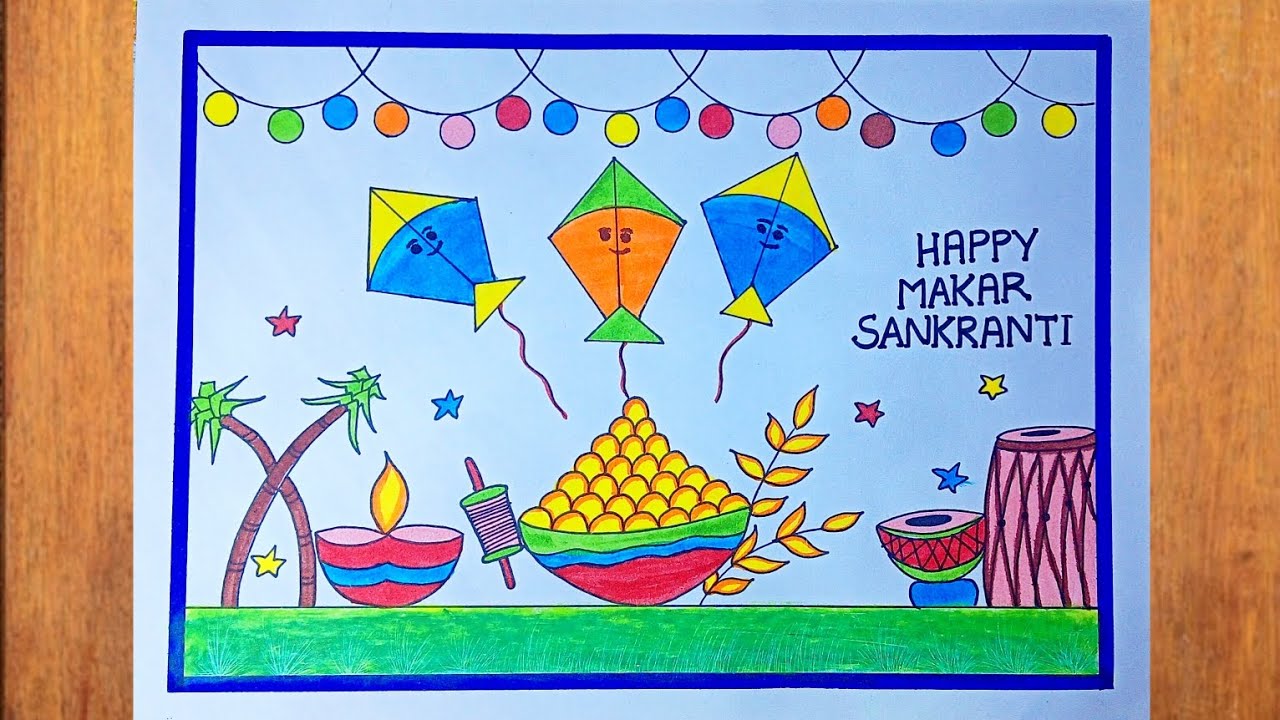 Makar Sankranti Drawing | How to draw Makar Sankranti Poster | Happy Makar Sankranti Drawing 