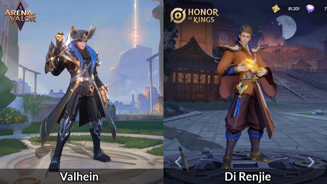 Hero Comparison Valhein and Di Renjie - Arena of valor vs Honor of king