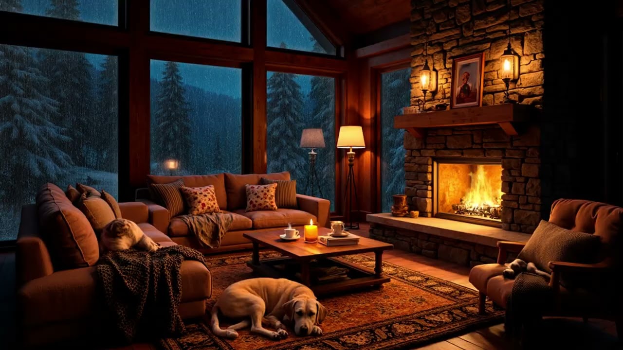 Slow Rain Around a Spacious Fireplace Cabin | Cozy Living Room Ambience for Deep Sleep