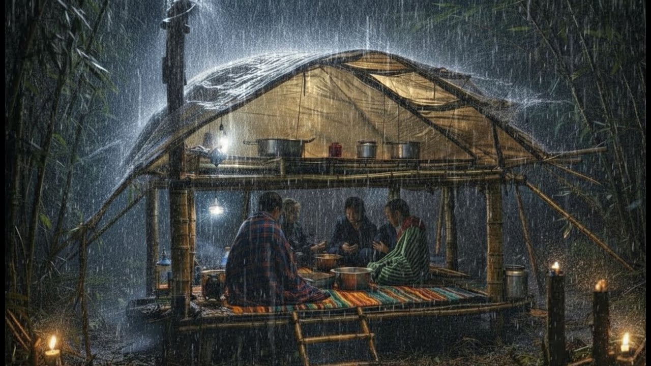 Кемпинг в сильный дождь и грозу, трудности с постройкой бамбукового дома под дождем