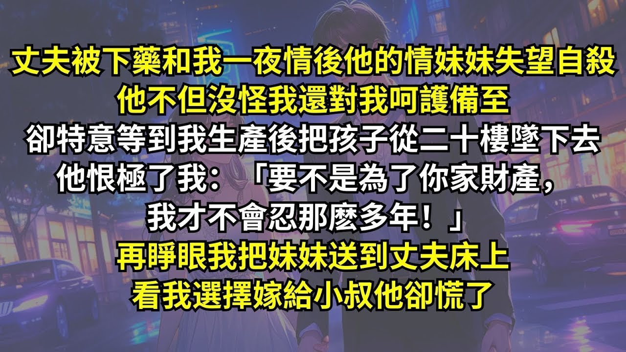 丈夫被下藥和我一夜情後他的情妹妹失望自殺，他特意等到我生產後把孩子從二十樓墜下去：「要不是為了你家財產，我才不會忍那麽多年！」再睜眼我把妹妹送到丈夫床上，看我選擇嫁給小叔他卻慌了。