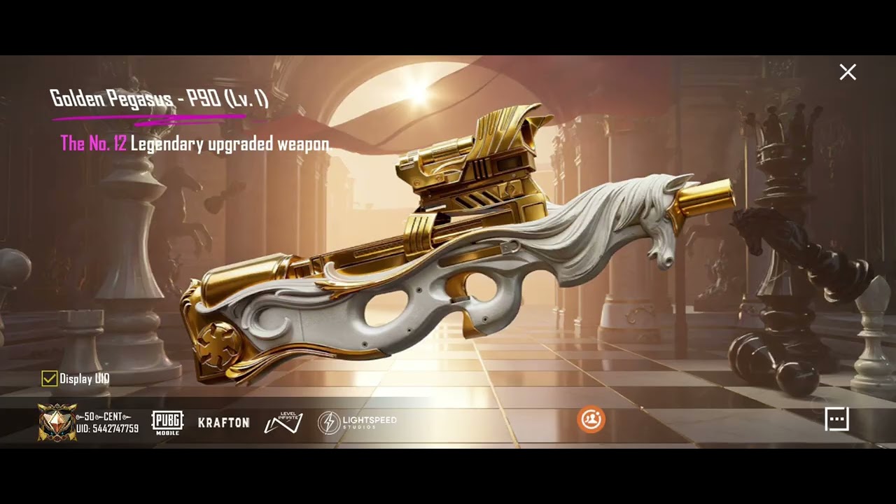 #pubgmobile (Golden Pegasus-P90)🔥🔥🔥👌550 Lucky coin redeemed Upgradable gun.OP