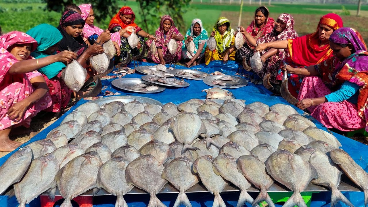 Black Pomfret Fish Kosha Vuna - Expensive Pomfret Fish Cooking in Village - Kalo Chanda Mach Ranna