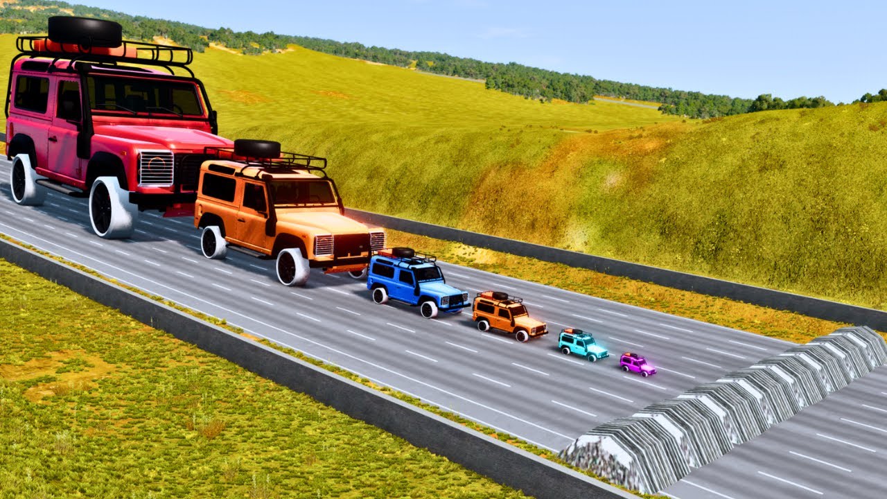 Giant to Small Land Roveres vs Speedbump, Water Wall, Fire Wall - BeamNG.drive