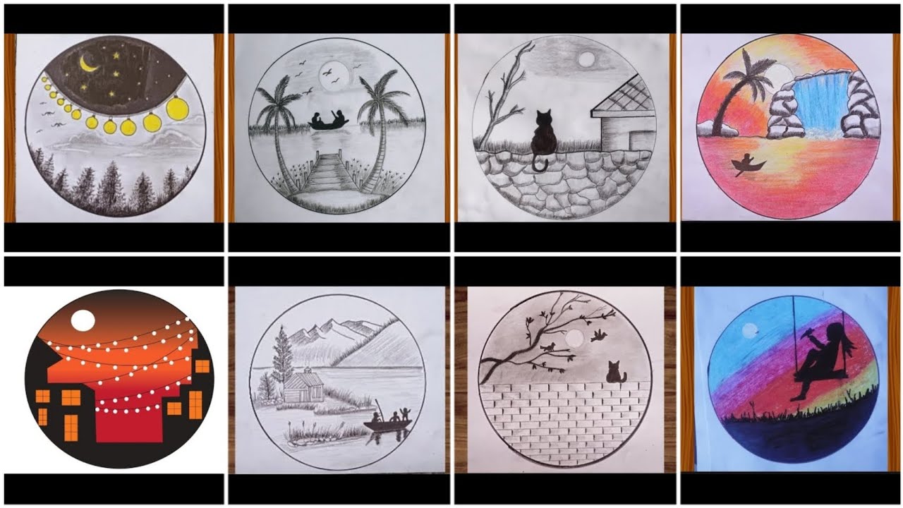 Easy 8 Circle Scenery Drawing Ideas / Pencil Drawing / Circle Drawing Scenery / Nature Landscape