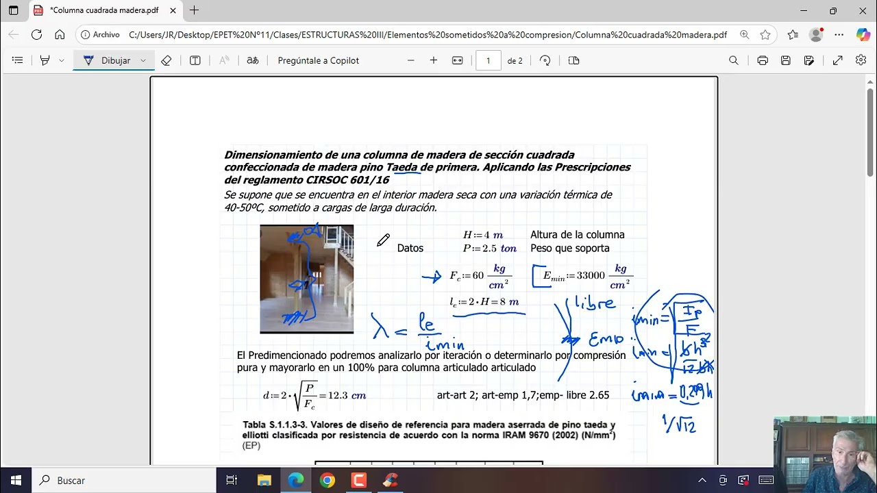 Verificacion de columna de madera segùn CIRSOC 601