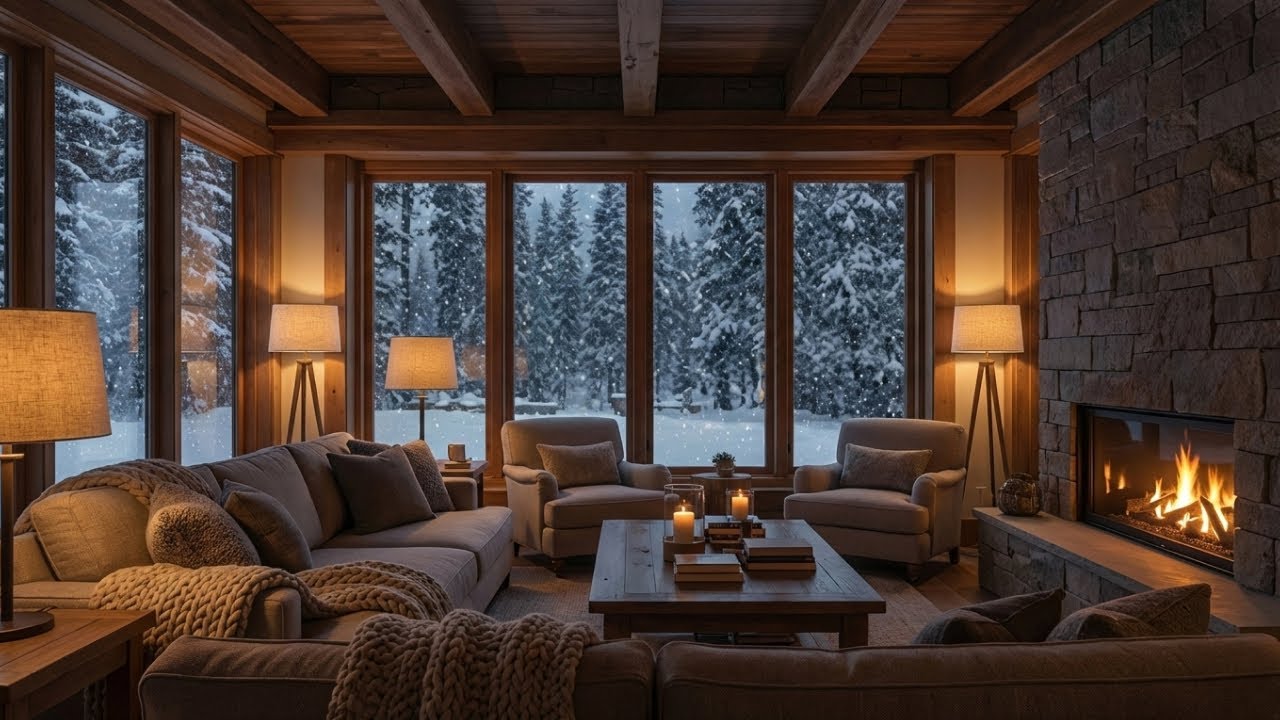 ❄️📖 Cozy Mountain Cabin | Snow Window View & Crackling Fire | Relaxing ASMR for Reading