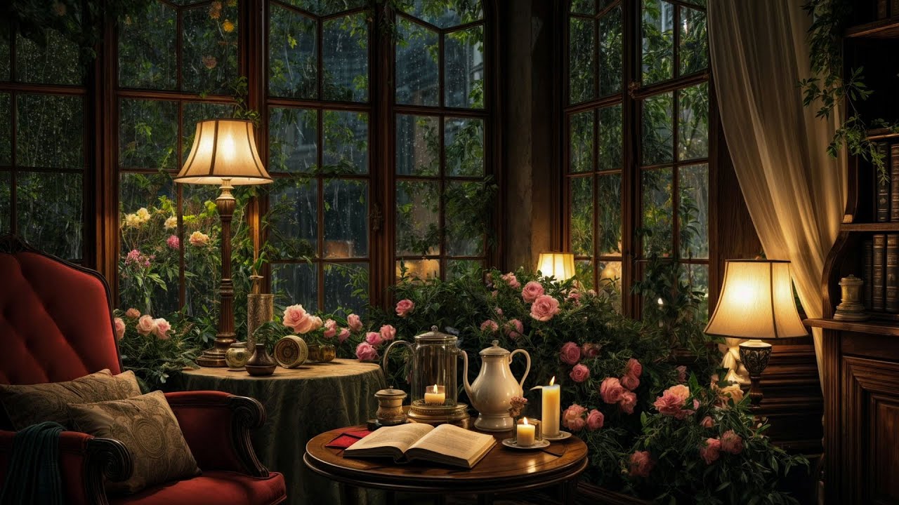 Rainy Evening with Hot Tea & Roses | Gentle Thunder for Deep Focus