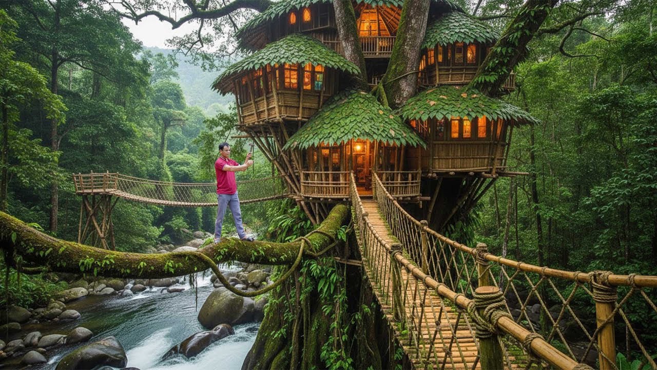 Building a Hidden Bamboo House - Jungle Survival Skills - Setting Traps to Find Food
