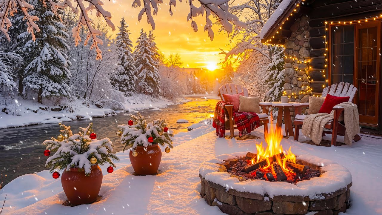 Peaceful Cabin Ambience in Winter Forest ❄️🔥 Cozy Fire Pit & Calming River Sounds for Relaxation
