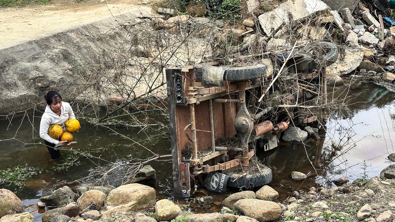 The female mechanic rescued and restarted the overturned pickup truck abandoned under the bridge