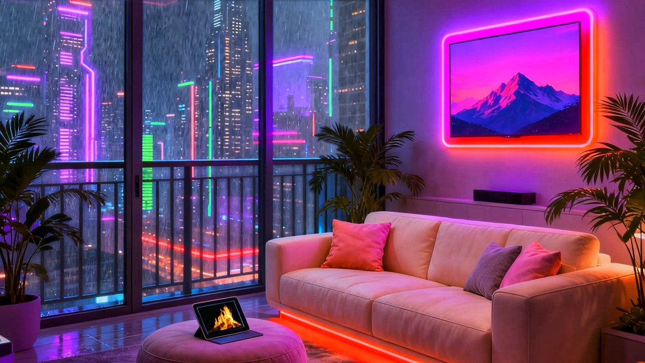 Relaxing Lofi Hip Hop   Cozy Neon Cyberpunk Apartment Ambience with Rain Sounds for Deep Study