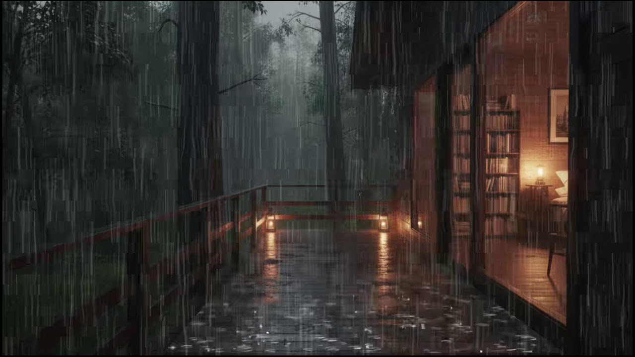 Gentle rain at a forest cabin, night rain ambience for deep sleep relief from insomnia sounds calm