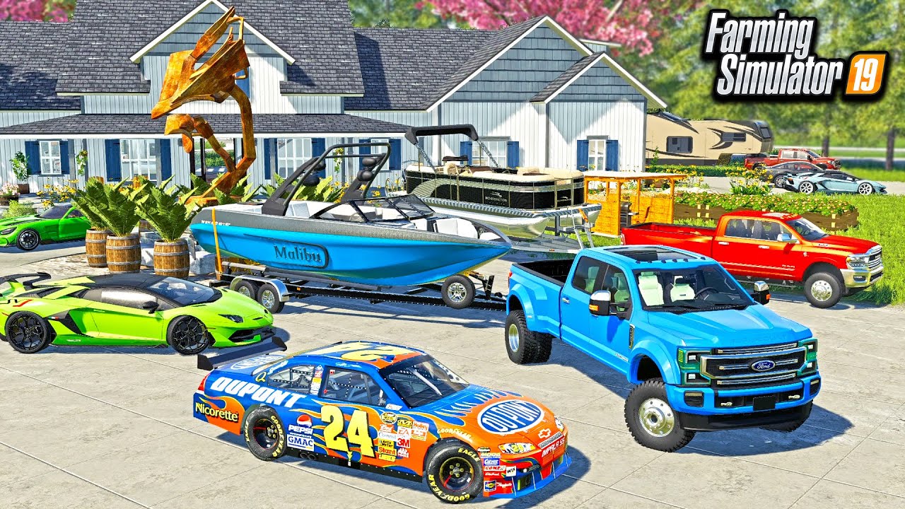 MILLIONAIRE REDNECK CRIB TOUR! (NASCAR, LAMBO, MALIBU SKI BOAT) | FARMING SIMULATOR 2019