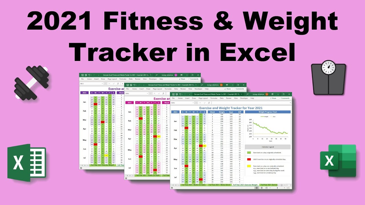 2021 Fitness Weight Tracker App | Excel Workout Planner | Weight Loss Spreadsheet Exercise Calendar👟