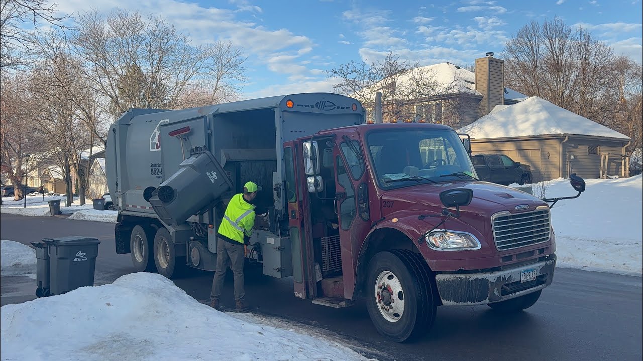 Suburban waste Freightliner Labrie manual side loader garbage truck-@minnesotagarbageman in action