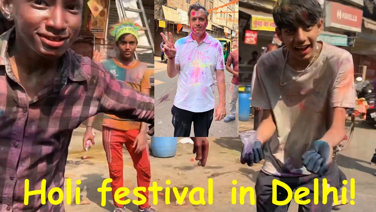 Celebrating Holi in Delhi, India (crazy drunken street party where people smear dye) होली पर अमेरिकी