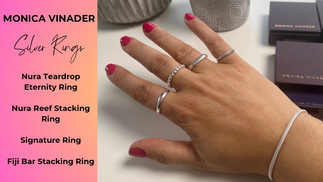 Monica Vinader Silver Rings - Signature Ring, Fiji Bar, Nura Teardrop Eternity, Nura Reef Stacking