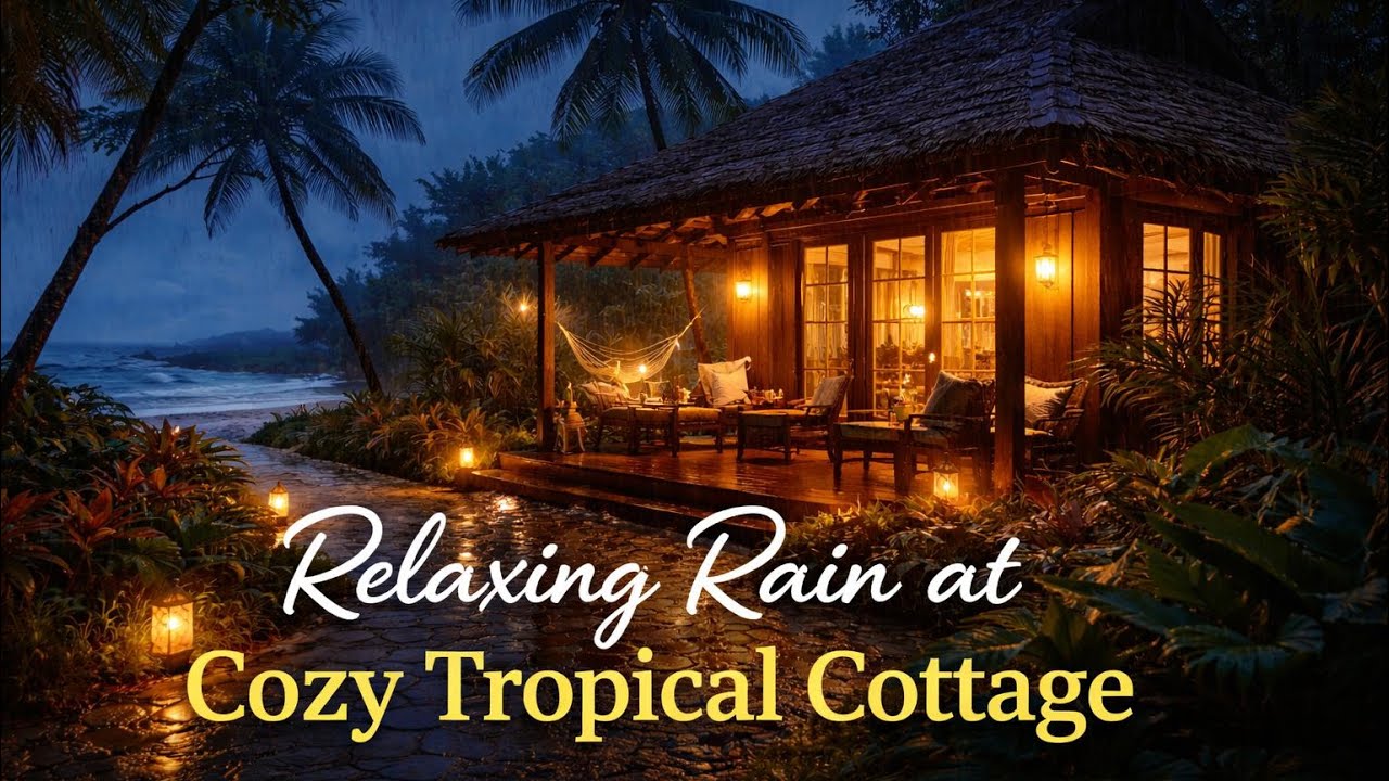 Relaxing Rain Sounds for Sleep & Stress Relief | Cozy Rainy Night at a Tropical Cottage