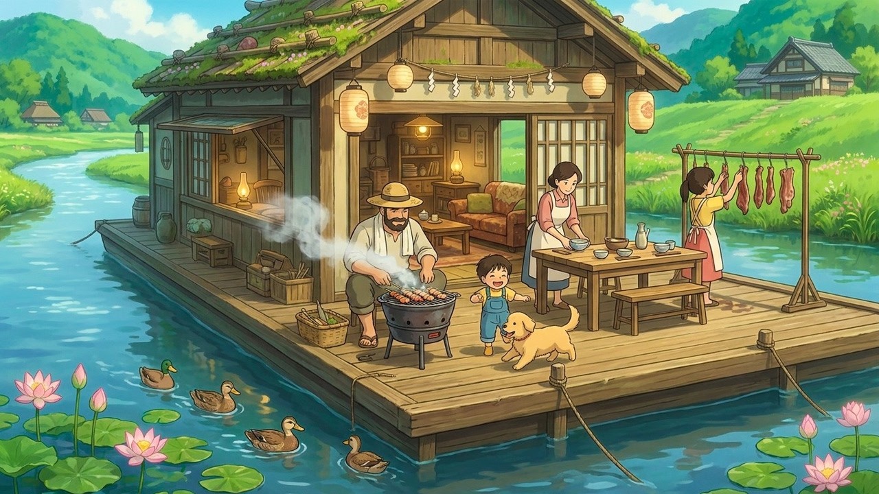 Floating House BBQ: Family Lunch on the Lotus River | Ghibli-Style ASMR