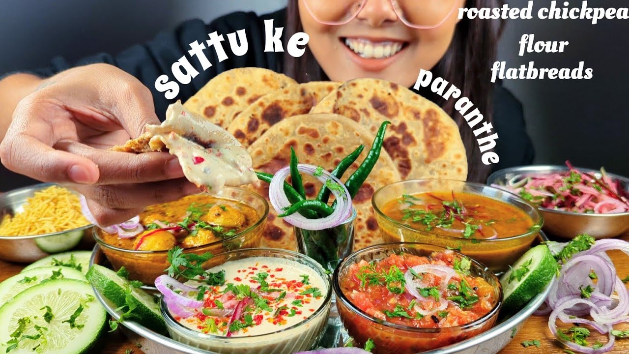 COOKING & EATING BIHARI SATTU PARATHA, TOMATO CHUTNEY, RAITA, ALOO DUM, TARKA | SATTU PARATHA RECIPE