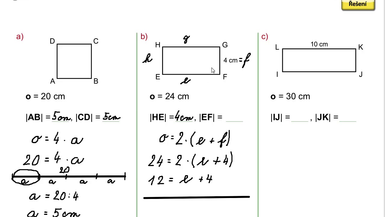 Výpočet strany z obvodu čtverce nebo obdélníku, Geometrie pro 5.roč., str. 26, cv. 2