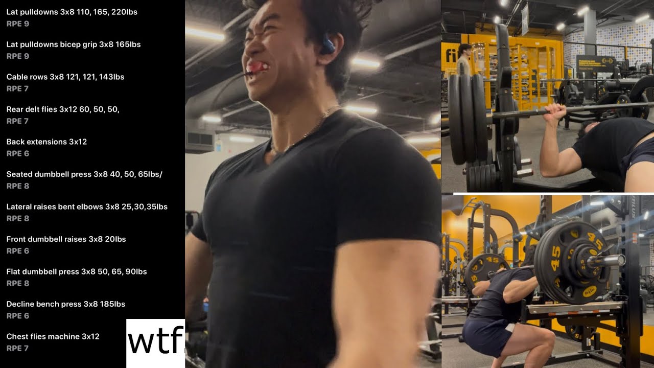 Bulking to 200lbs, ungodly amounts of exercises on 1 day, 3x 255 bench doubles, silent squat PR